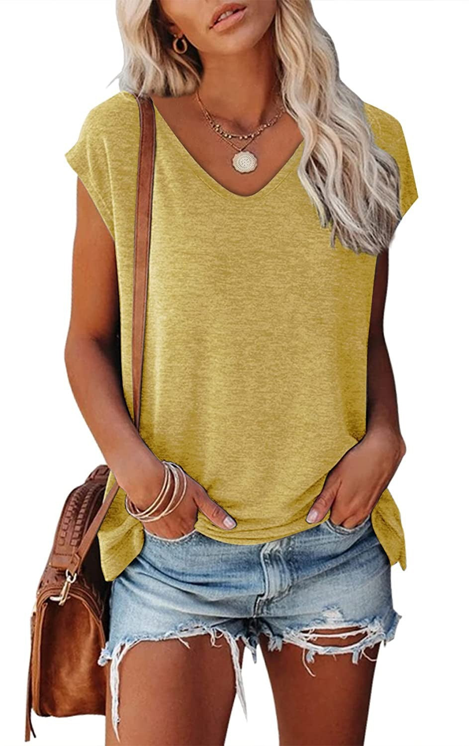 Women's Cap Sleeve V-neck Solid Color Casual Loose-fitting T-shirt - Chic Angle